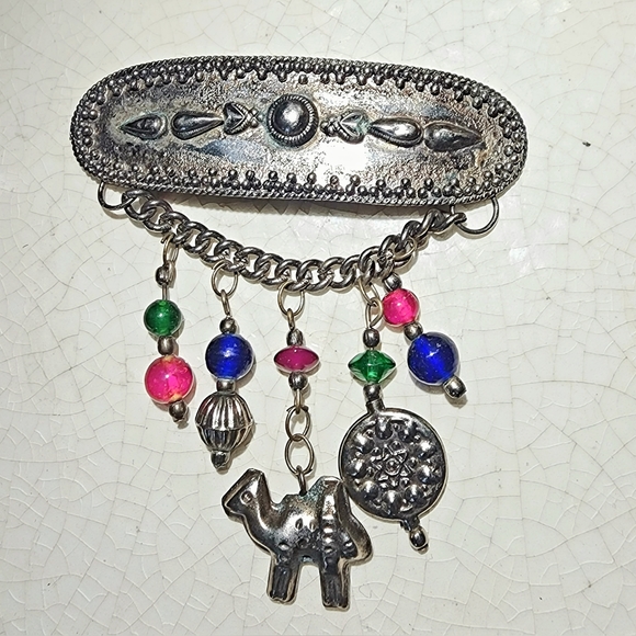 Egyptian Revival Moroccan large charm brooch, camel, medallion, beads dangle - Picture 1 of 8